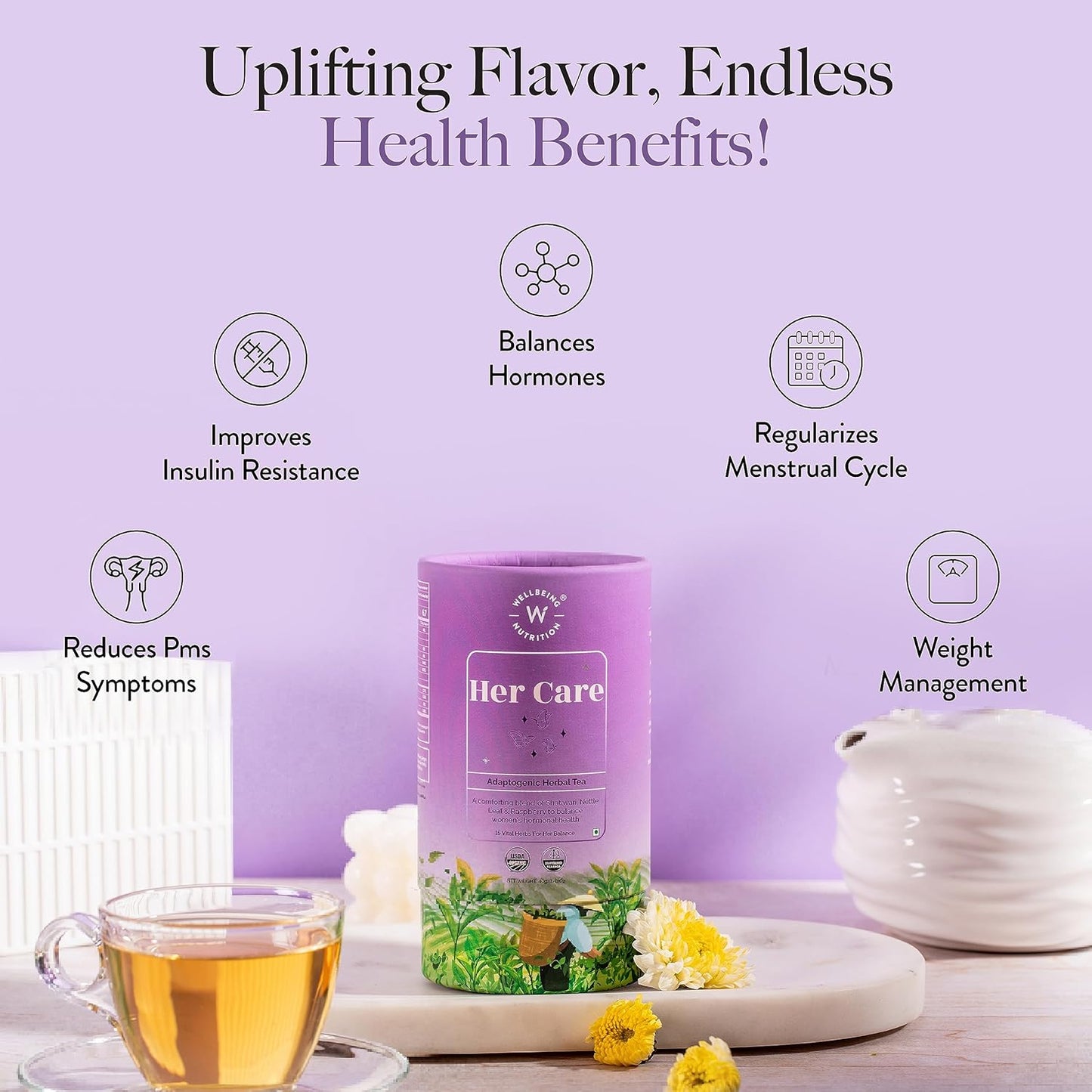Wellbeing Nutrition Her Care Tea for PCOS PCOD | Herbal Tea for Women with Shatavari & Chasteberry for PMS Relief, Hormonal Imbalance & Regularize Menstrual Cycle (20 Pyramid Tea Bags)