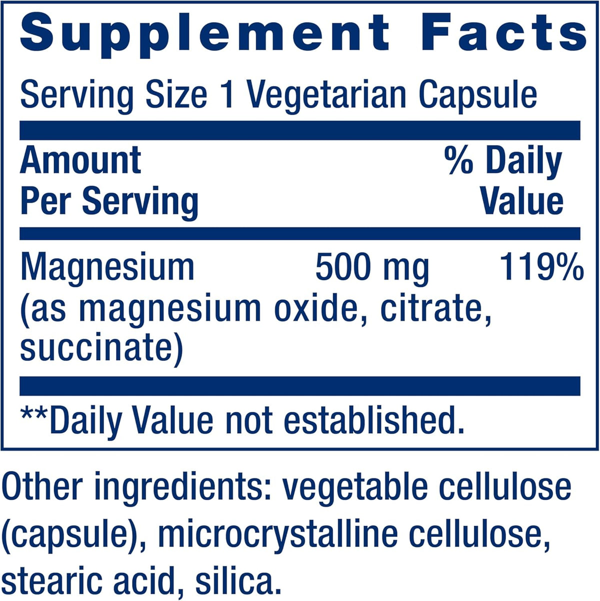 Supplement facts label for a magnesium supplement capsule