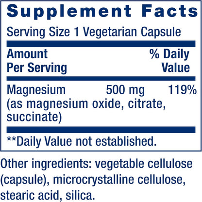Supplement facts label for a magnesium supplement capsule