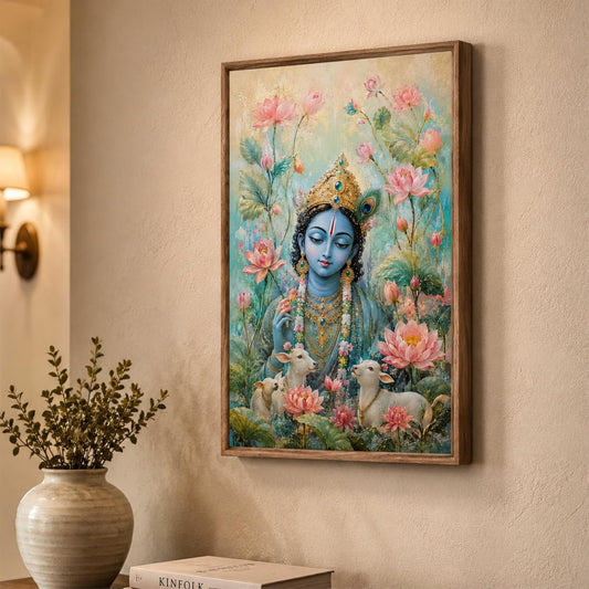 Lord Krishna Lotus Cow Wall Painting for Living Room Bedroom Kids Room Decor, Devotional Artwork with Sparkle Laminate and Premium Wooden Synthetic Frame (13.5 x 19.5 Inch) NM01-4115