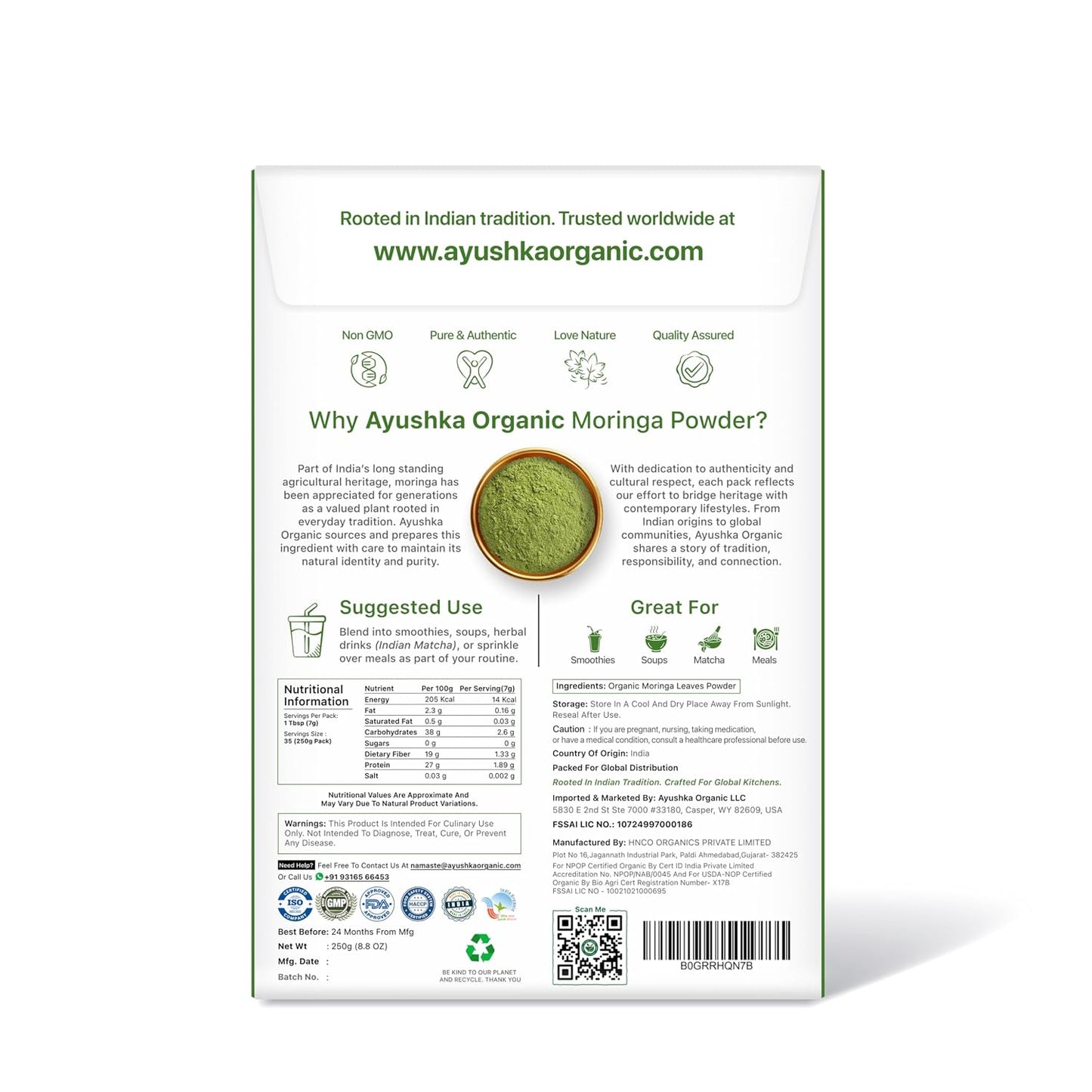 Moringa Powder 250g | USDA Organic Certified Drumstick Leaves Powder | 100% Pure & Fresh Moringa Leaf Powder | Rich in Vitamins, Minerals & Antioxidants | Natural Superfood for Energy, Stamina & Vitality | Non-GMO & No Preservatives AYUSHKA ORGANIC
