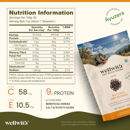 Wellwith by Ayuzera Sea buckthorn Dry Berry 100g – Natural, Sun-Dried, Rich in Omega 3,6,7 and 9, & Vitamin C, E | Dried Seabuckthorn Berries | No Added Sugar or Preservatives