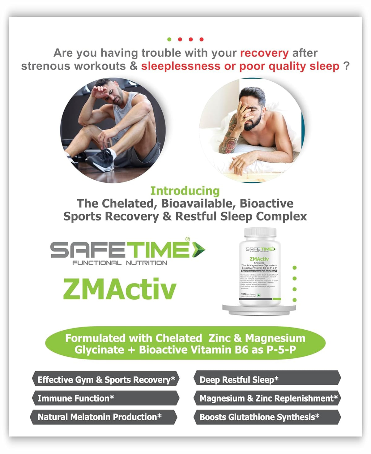 Advertisement for SafeTime Functional Nutrition ZMACTIV supplement with product image and text about recovery and sleep.