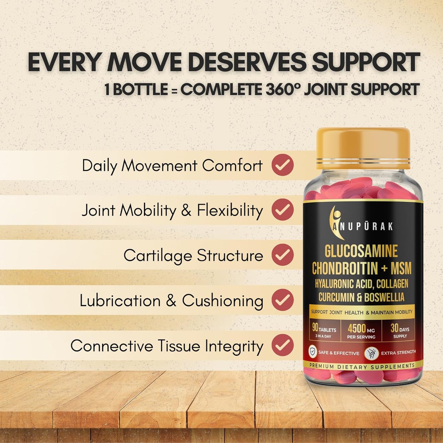 ANUPURAK Glucosamine Chondroitin MSM Tablets | 4500mg | 11 Actives Joint Support Supplement : Collagen Type II, Hyaluronic Acid & Boswellia | Knee Mobility, Cartilage & Joint Health | 90 Tablets (30 Days)