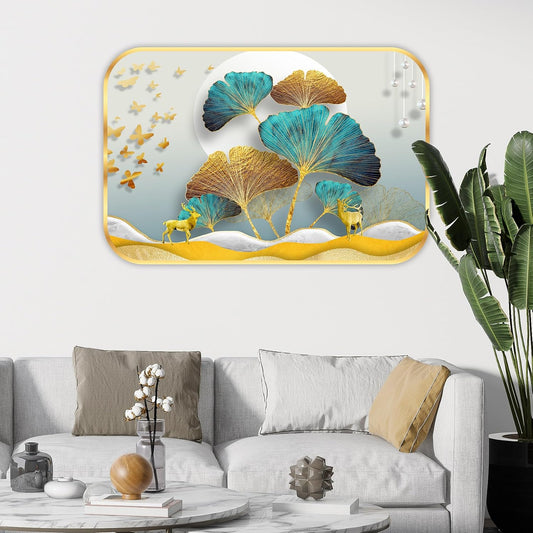 Abstract deer modern art Premium Sparkle Lamination Finished Surface Golden Slim Frame 30 cm x 46 cm Large Size, For Home/Office/Hotel painting MG34