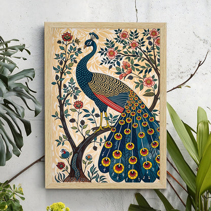 Peacock Painting For Wall Vastu with Frame for Home Decoration, Madhubani Painting for Living Room, 12.0 X 18.0 inches, Set Of 1