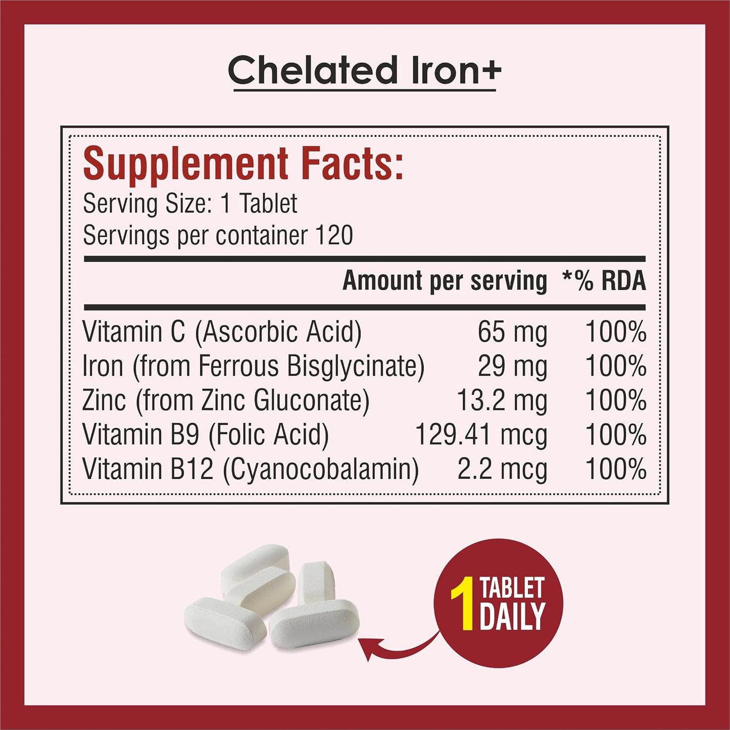 Biotrex Nutraceuticals Chelated Iron + Vitamin C, B12, Folic Acid & Zinc, Boost Hemoglobin Levels & Improves Concentration Levels, Energy & Blood Building - 120 Vegetarian Tablets