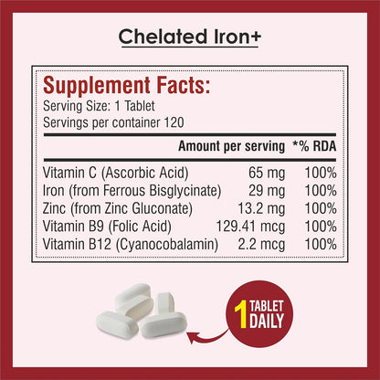 Biotrex Nutraceuticals Chelated Iron + Vitamin C, B12, Folic Acid & Zinc, Boost Hemoglobin Levels & Improves Concentration Levels, Energy & Blood Building - 120 Vegetarian Tablets