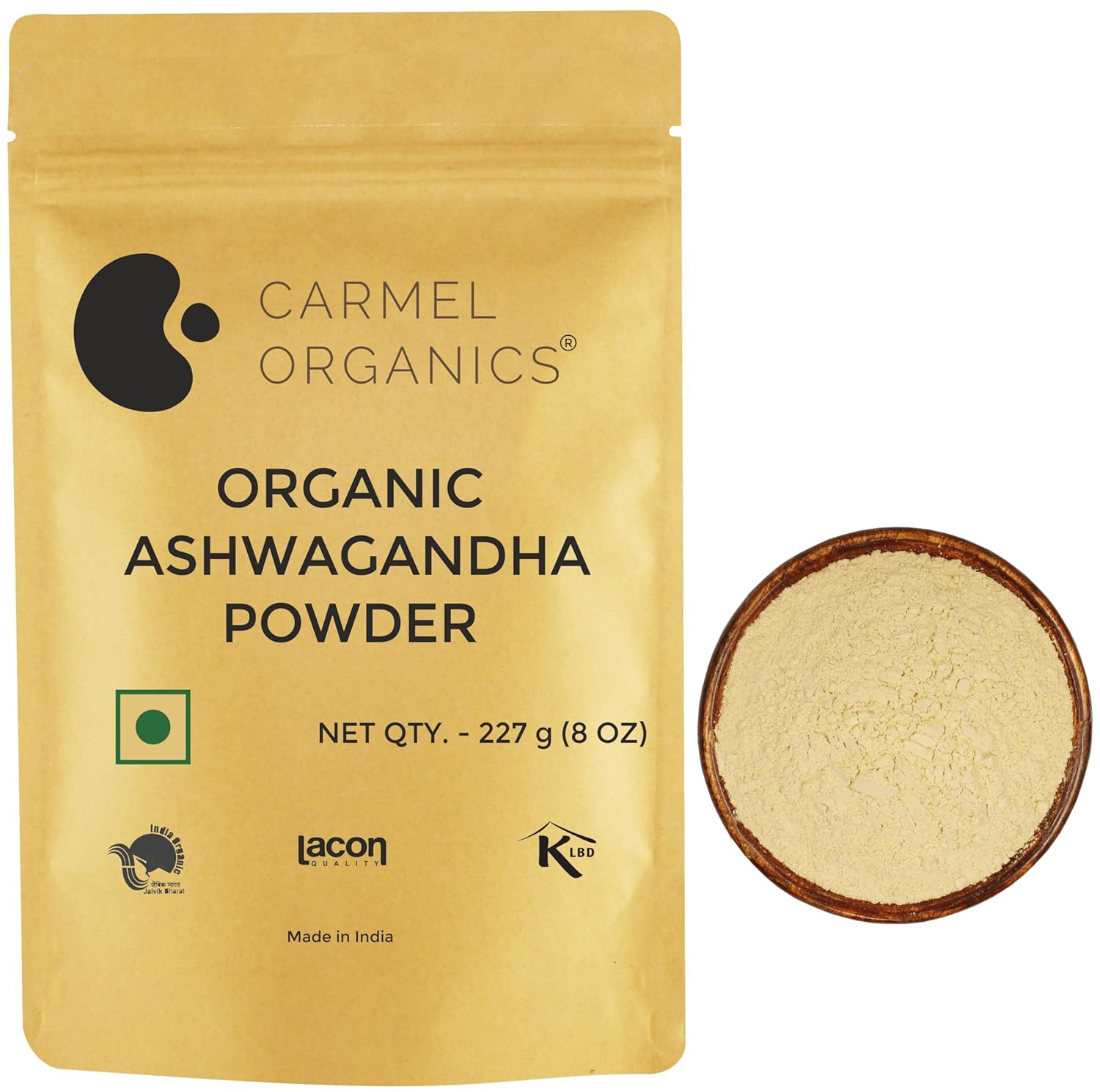Carmel Organics Organic Ashwagandha Powder packaging with a bowl of powder on a white background