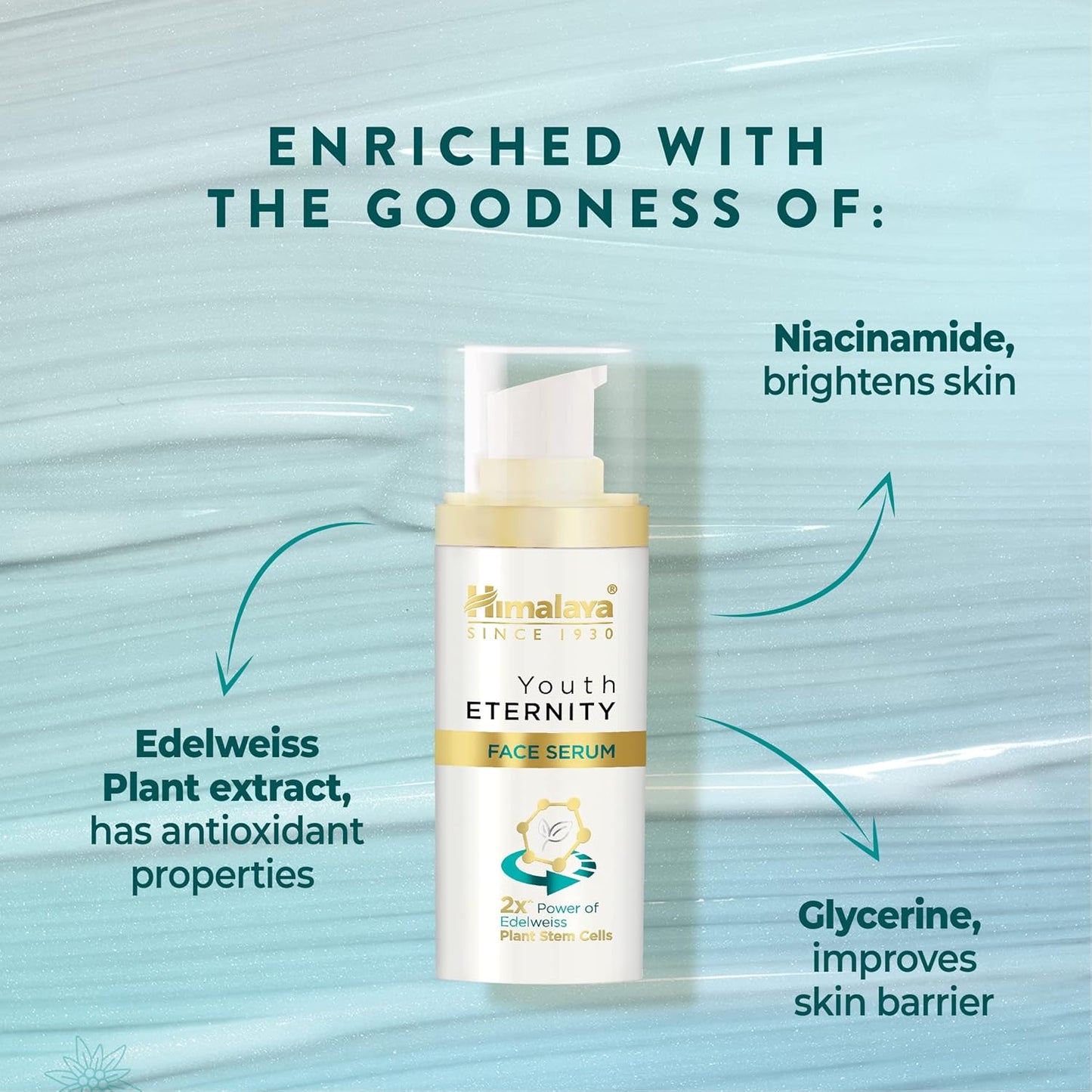 Himalaya Youth Eternity Face Serum with ingredients listed on a light blue background