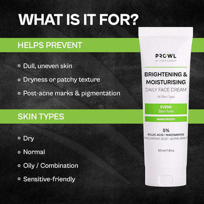 PROWL by Tiger Shroff Face Brightening Moisturizer Cream 5% Kojic Acid, Alpha Arbutin, Niacinamide & Hyaluronic Acid Daily Use Moisturiser For Dry Oily Combination All Skin Type, Warm Woody,50ml