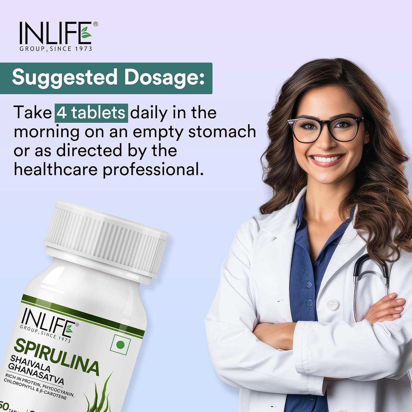 INLIFE Spirulina Tablets 2000 mg (per serving) | Green Superfood Supplement | Nutritional Supplement Protein Fiber Antioxidants - 60 Tablets (Pack of 1, 60's)
