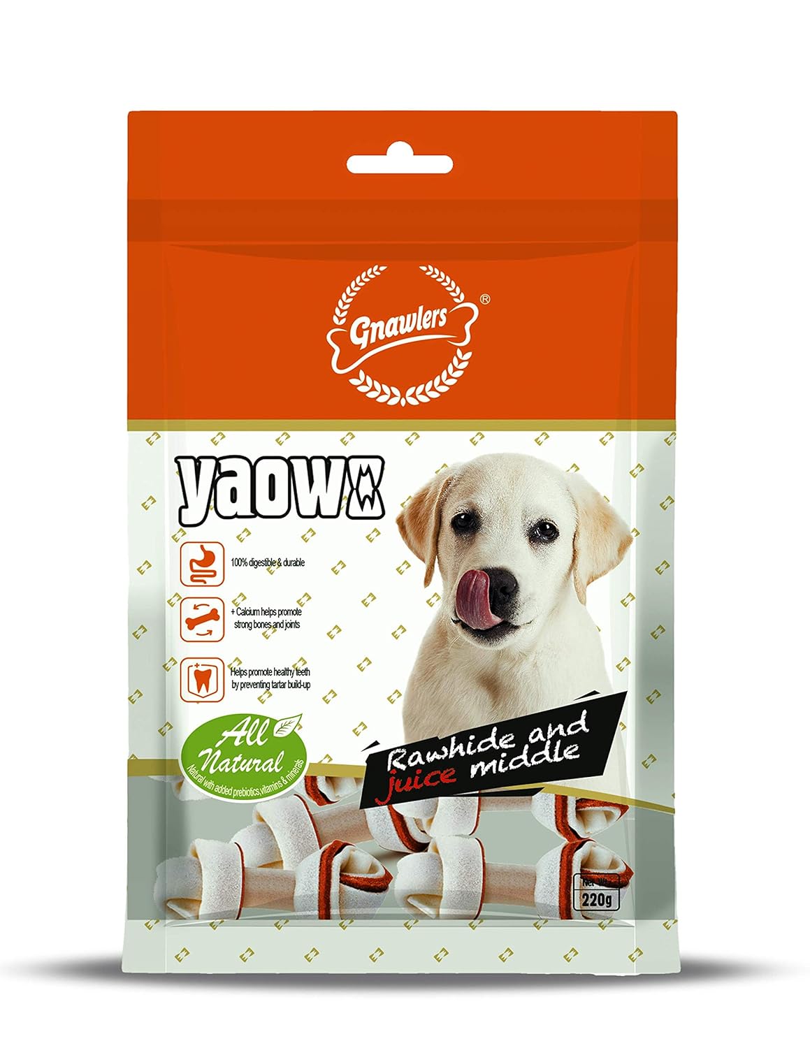 GNAWLERS Yaowo All Natural Dog Rawhide Bones with Chicken Inside, 100% Digestible & Durable, Promotes Healthy Teeth Strong Bones and Joints, 4` Knotted 220gm (Pack of 1) Sold by DogsNCats