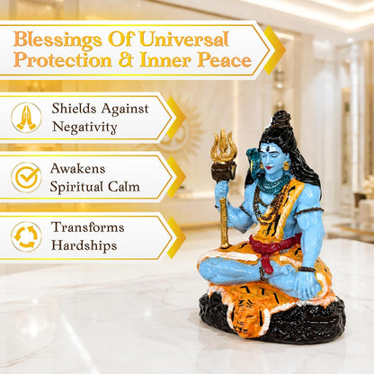 Blue Shiva Idol, 9 cm Hand Painted Resin Mahadev Murti with Trishul, Snake & Tiger Skin Design, Lord Shiva Statue for Car Dashboard, Home Mandir, Living Room, Office & Pooja Decor