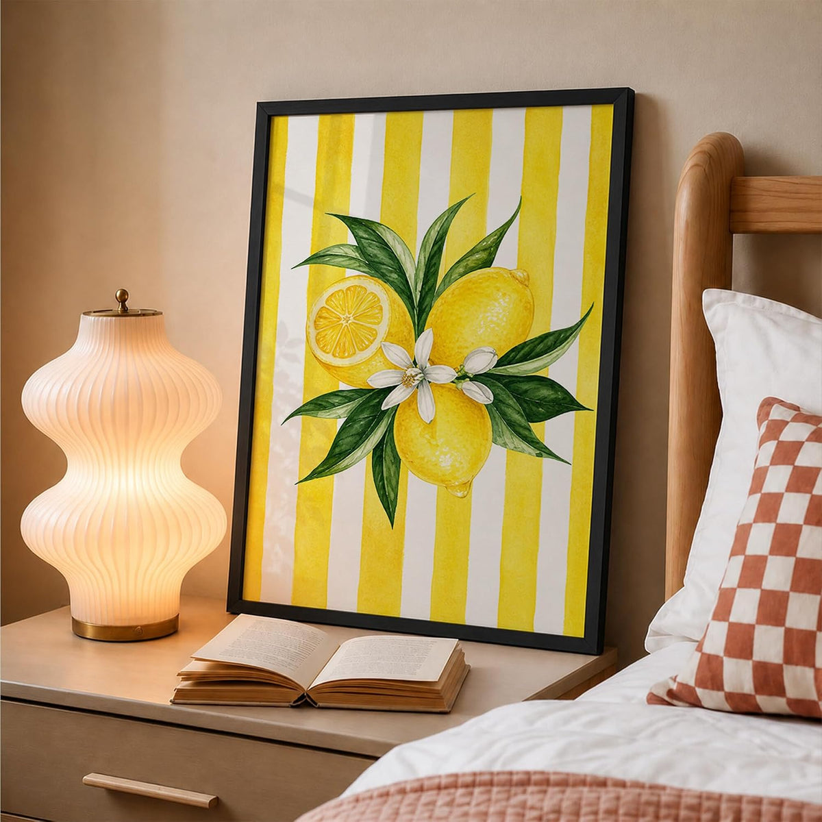 Lemon Wall Art Framed Painting for Home Decor, Citrus Fruit Botanical Artwork Wall Decor for Living Room Bedroom Kitchen Dining Room, Yellow Retro Aesthetic Room Decoration (DGN07-Black10x13 inch)