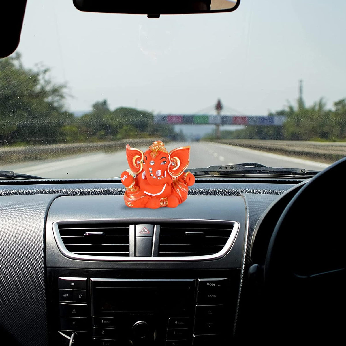 Polyresin Orange Ganesha Statue for Car Dashboard God Ganesh Murti Ganpati Idol Figurine with Double Side Tape