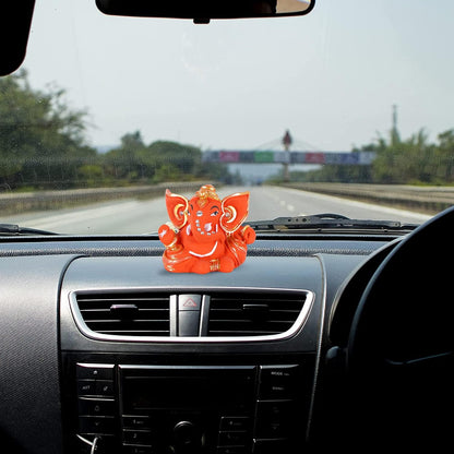 Polyresin Orange Ganesha Statue for Car Dashboard God Ganesh Murti Ganpati Idol Figurine with Double Side Tape