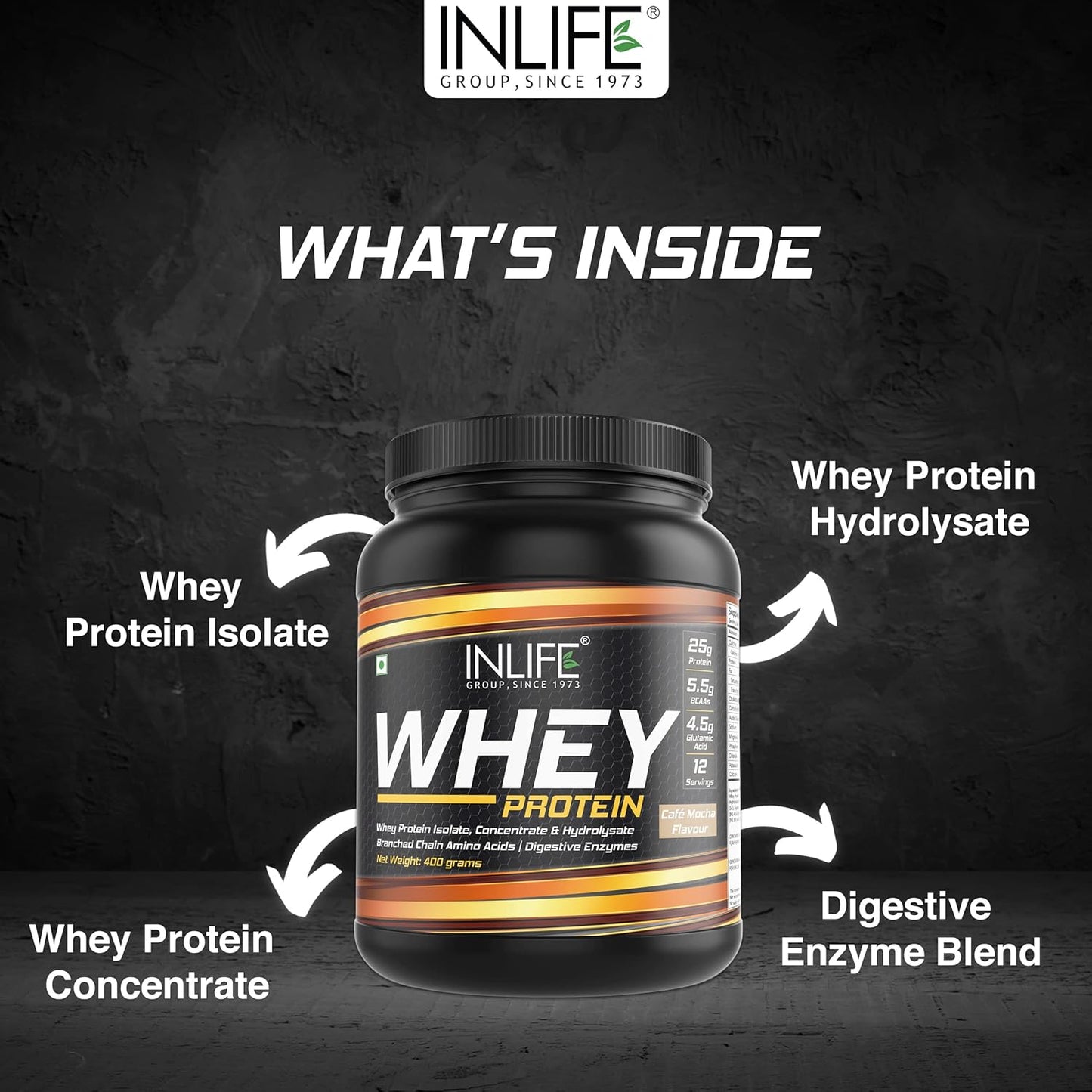 INLIFE Whey Protein Powder, Blend of Isolate Concentrate Hydrolysate Powder, Sports Nutrition Workout Drink, Muscle Food, Body Building Supplement for Men Women (Cafe Mocha, 400g)