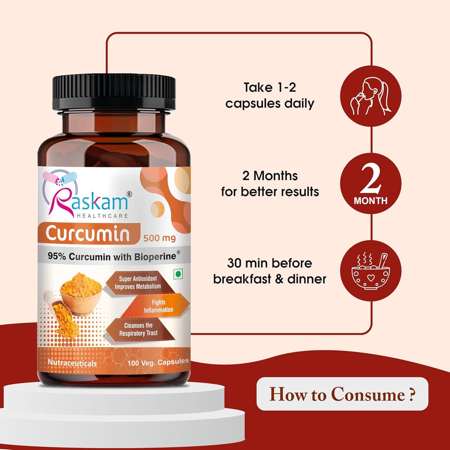 Raskam Curcumin supplement bottle with usage instructions on a beige and red background