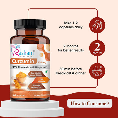 Raskam Curcumin supplement bottle with usage instructions on a beige and red background