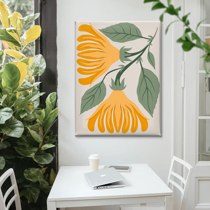 Abstract Yellow Floral Canvas Wall Art | Bold Modern Botanical Painting with Green Leaves | Ready to Hang Nature-Inspired Artwork for Living Room, Office & Bedroom (18 x 24 Inch) CVD-446