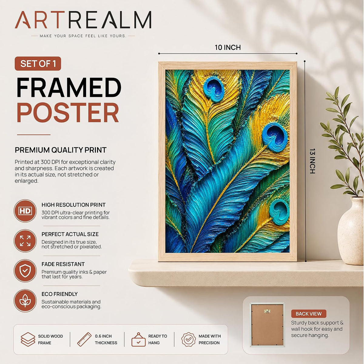 Peacock Feathers Framed Wall Art, Natural, 10x13 Inches