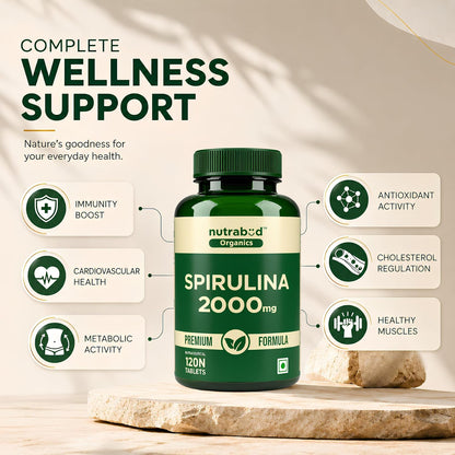 Nutrabud Spirulina Tablets 2000mg per Serving - 120 Veg Tablets - For Women, Men - Preservative & Additive Free (120 Count (Pack of 1))