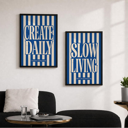 Slow Living Create Daily Wall Art Set of 2 Framed Paintings | Blue Striped Typography Motivational Poster | Office Bedroom Home Décor (Art 22, 10x13 Inches, Black)