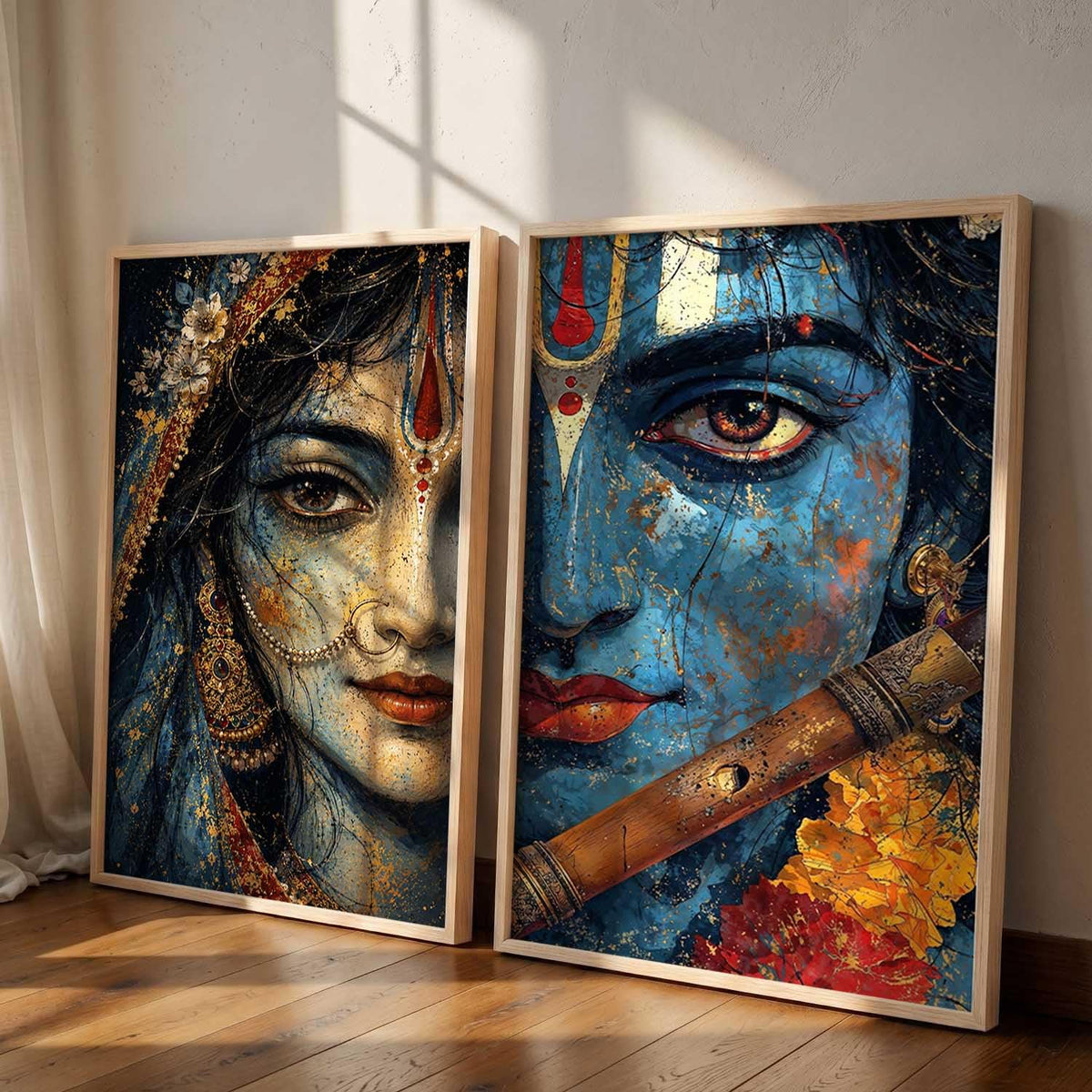 Set of 2 Framed Wall Art Prints, Premium HD Modern Wall Decor for Living Room, Bedroom, Office & Home, Abstract, Spiritual, Floral, Nature, Botanical & Boho Artwork, Ready to Hang (Radha krishna 2, 13X19, Brown)