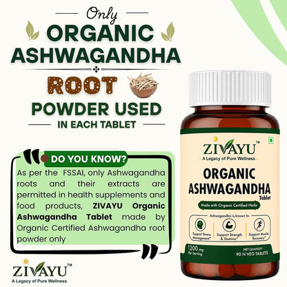 ZIVAYU Organic Ashwagandha Tablets 1200mg (600mg x 2 Per Serving) - Supports Stress & Anxiety Relief, Sleep & Muscle Recovery - USDA & India Organic Certified - Heavy Metal Tested - 90 Tablets