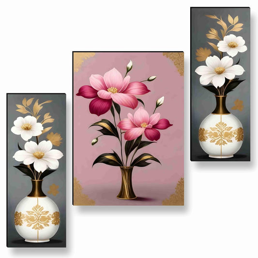 flower pot Paintings for Wall Decoration - Set Of 3, 3d modern art Painting for Living Room Large Size with Frames for Home Decoration, Hotel, Office painting 50.8 cm x 30.48 cm A-JM-36055