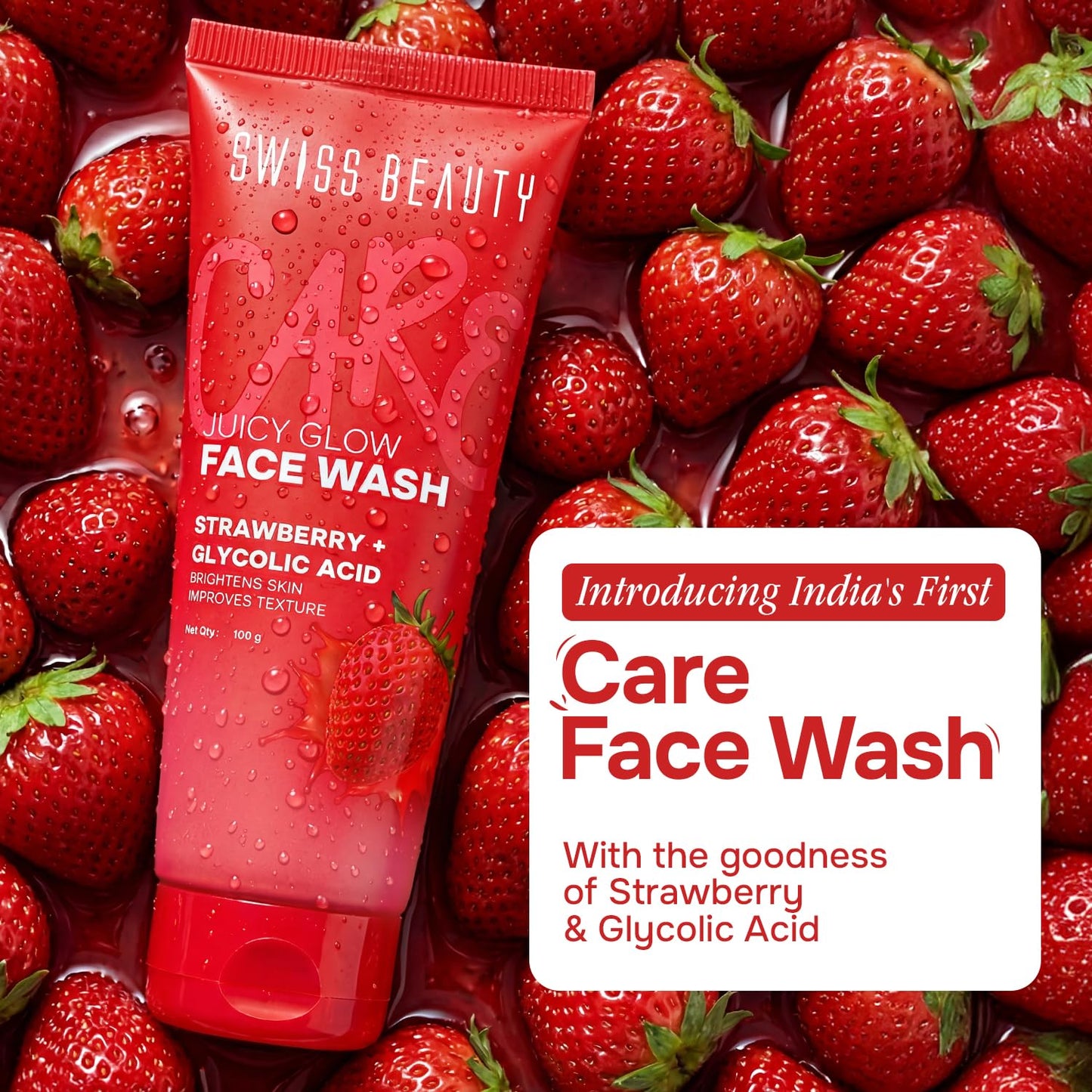 Swiss Beauty Care Juicy Glow Face Wash | Strawberry + Glycolic Acid | Removes Dirt & Grime | Refreshes and Revitalises Refines Skin Texture | Gently Exfoliates - 100g