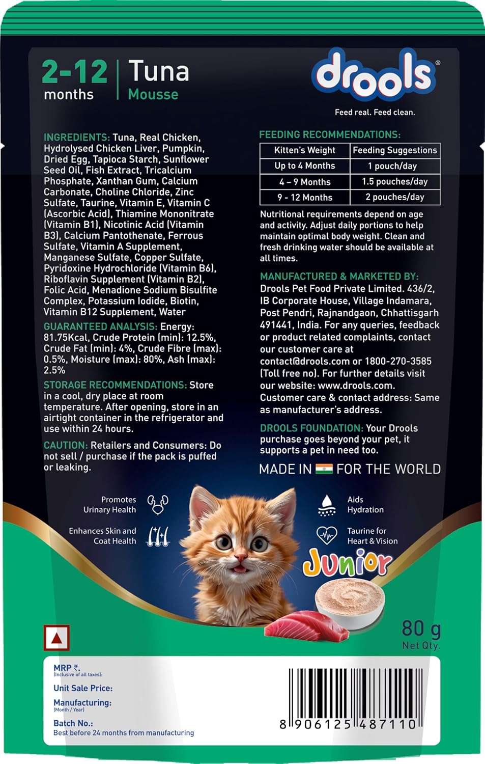 Drools Kitten Wet Mousse 80g | Tuna | High Protein | Promotes Hydration & Easy Digestion | Grain Free | No Artificial Additives | Enriched with Vitamins & Antioxidants