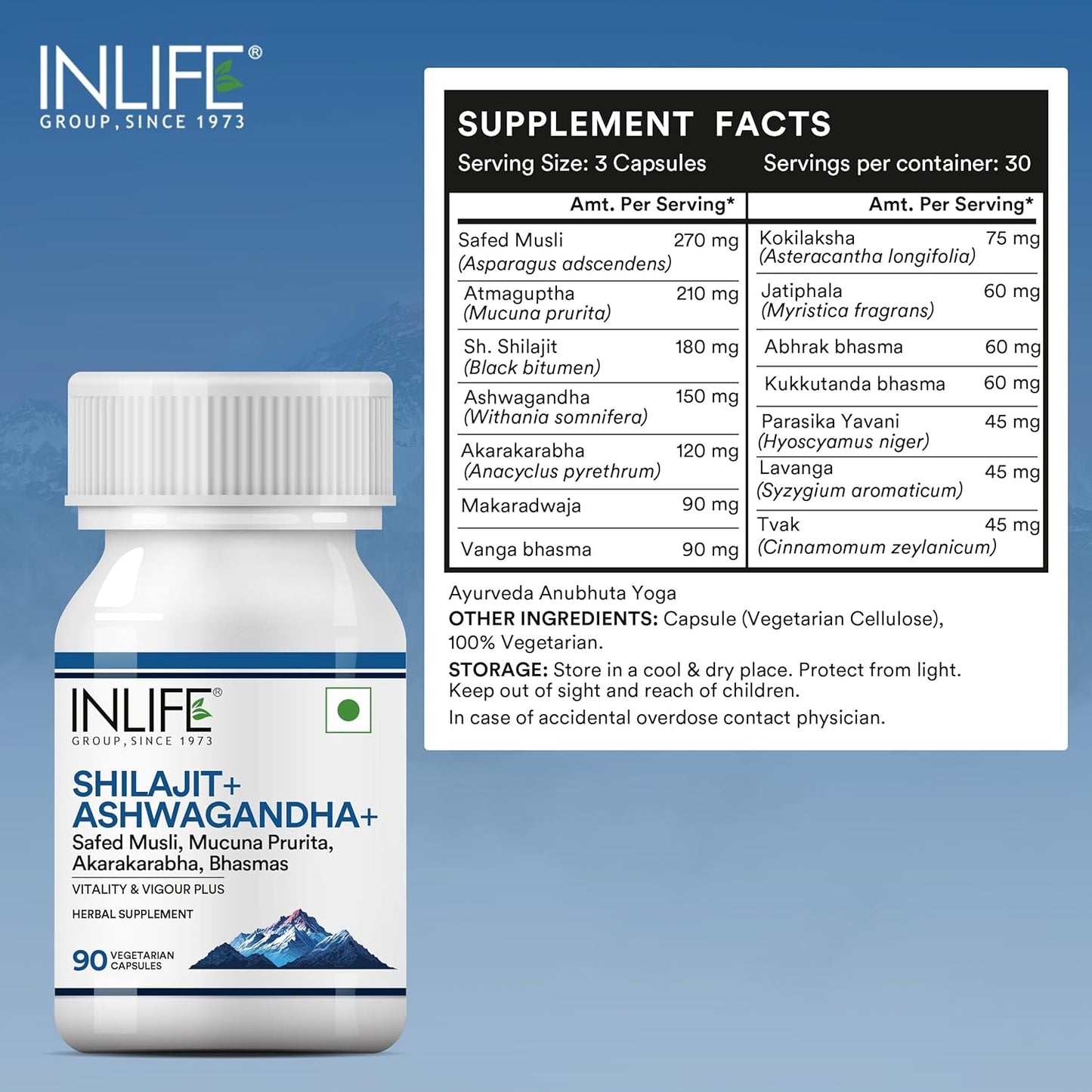 INLIFE Shilajit with Ashwagandha Safed Musli Akarkara | Strength and Stamina | 14 Ayurvedic Ingredients | For Men & Women - 90 Vegetarian Capsules