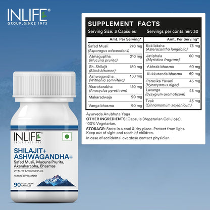 INLIFE Shilajit with Ashwagandha Safed Musli Akarkara | Strength and Stamina | 14 Ayurvedic Ingredients | For Men & Women - 90 Vegetarian Capsules