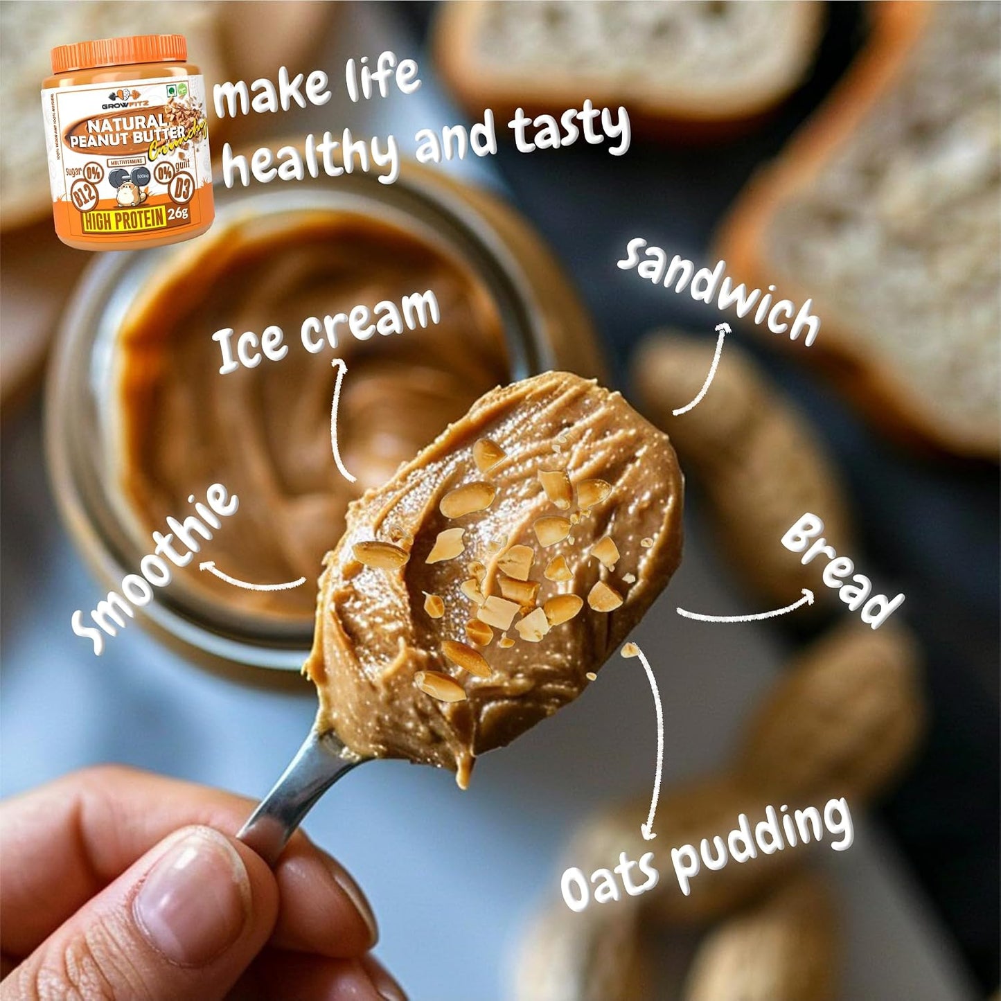 Growfitz Natural Peanut Butter Crunchy 26g, 800 Gram, Pack of 1 | Unsweetened | High Protein | Nut Butter Spread-Workout Snacks | No Sugar, Cholesterol Free, Multi-Vitamins & Boost Muscles (Crunchy)