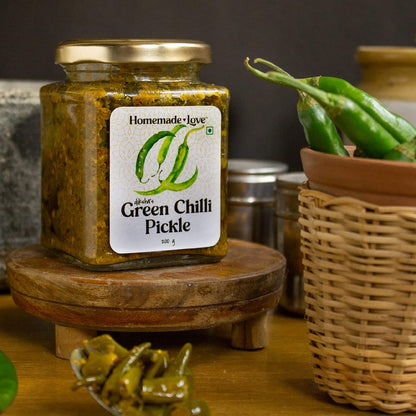 Homemade Love Green Chilli Pickle Made with Farm sourced, Sun-Dried Green Chillies | Spicy and Tangy Hari Mirch ka Achaar Mixed with Spices