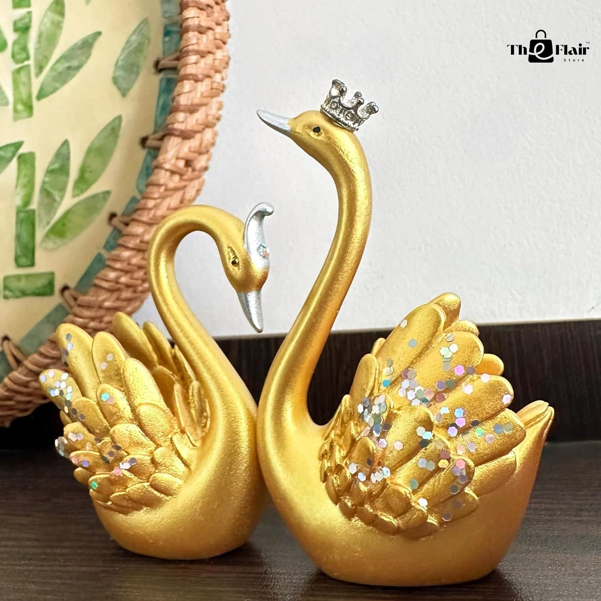 Lucky Swan Couple Crystal Wings showpiece for Home Living Room Decor | Romantic Love Bird Couple Gift for Valentine, Anniversary, Birthday (Set of 2 Pc) (Gold) (Small)
