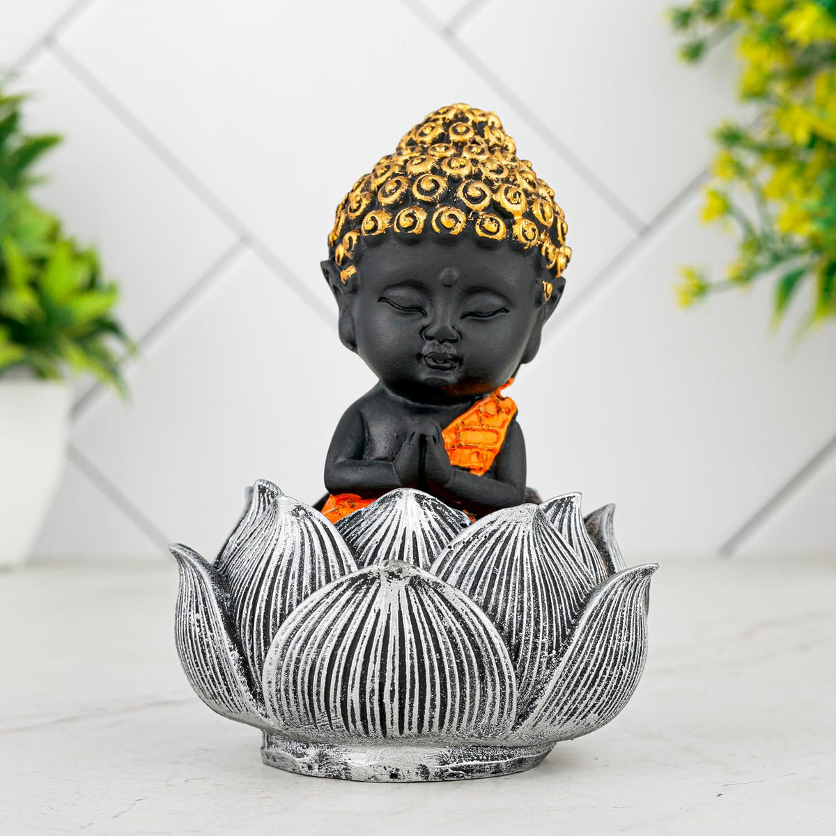Laughing Buddha Baby Monk Idol Statue Showpiece Home Decor Items for Living Room and Gifts (Orange Black)