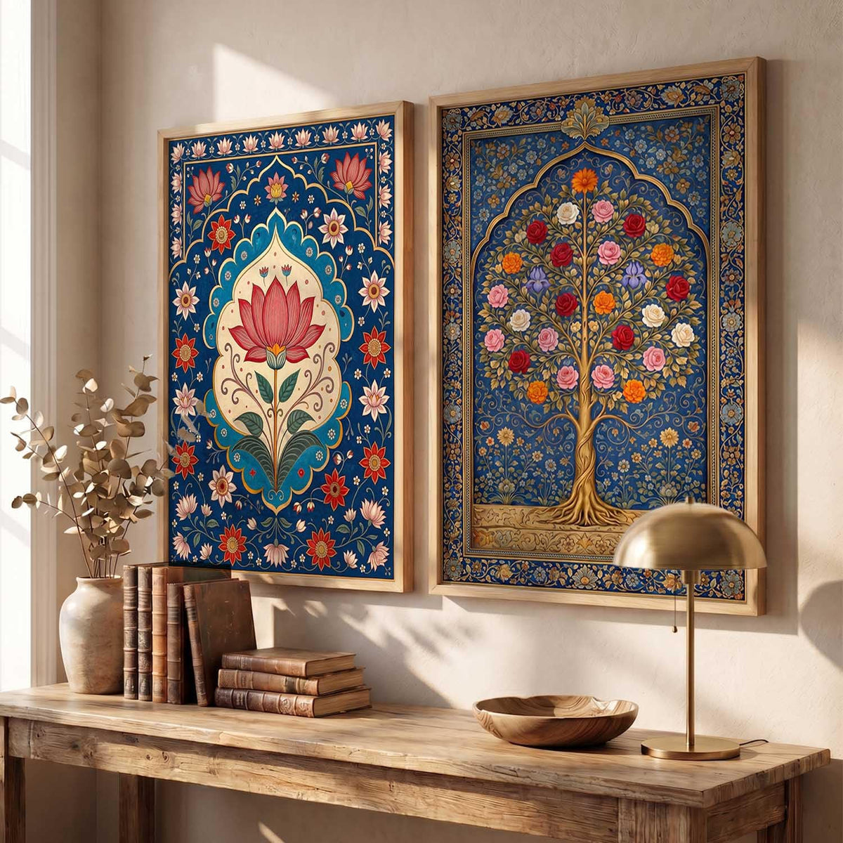 Decorative Indian Traditional Madhubani Wall Art Home Decor Painting poster With Frame For Living Room Bed Room Hotel Wall Decor Digital Reprint Set of 2 (13X17 inch)
