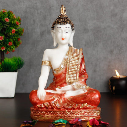 Polyresin Orange & White Meditating Lord Buddha Statue - Serene Inspiring Home Decor Accent Perfect for Meditation Room, Living Space, Yoga Studio, Office - Gift for Housewarmings, Diwali