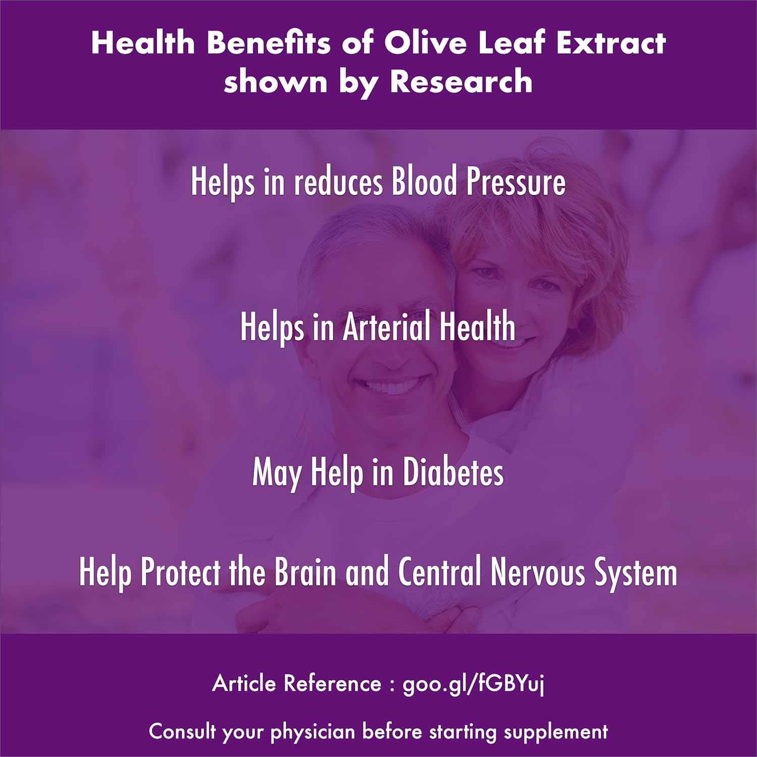Health benefits of olive leaf extract shown by research on a purple background with text.