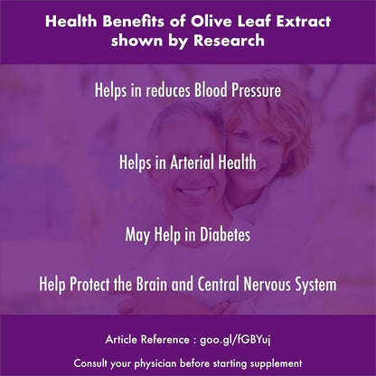 Health benefits of olive leaf extract shown by research on a purple background with text.
