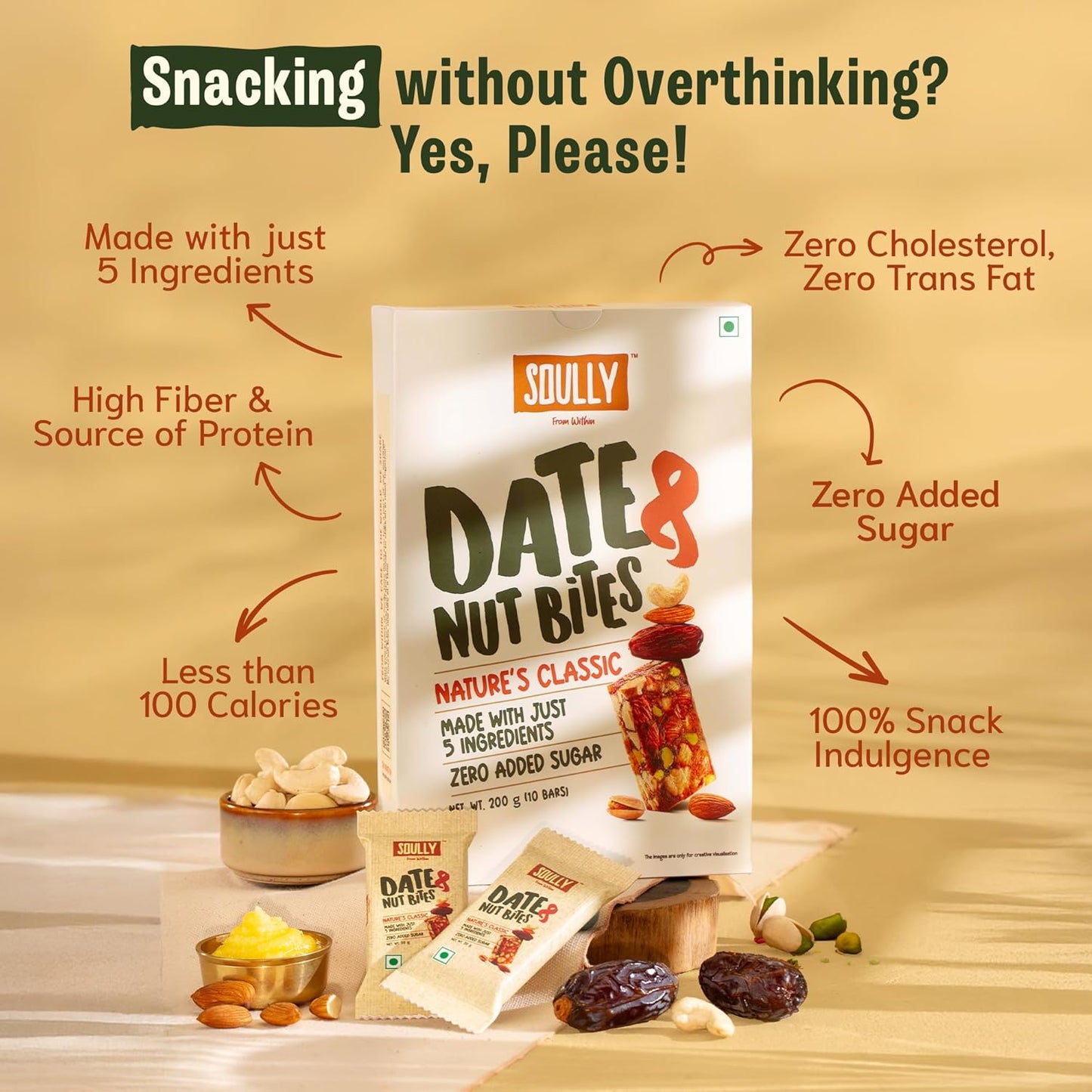 SOULLY Nature's Classic Date & Nut Mini Energy Bars 200g (10 Bars x 20g), Whole Dates, Almonds, Cashews, Pistachios & Cow Ghee, 93 Calories Per Bar, No Added Sugar, No Preservatives