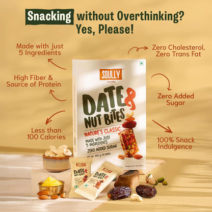 SOULLY Nature's Classic Date & Nut Mini Energy Bars 200g (10 Bars x 20g), Whole Dates, Almonds, Cashews, Pistachios & Cow Ghee, 93 Calories Per Bar, No Added Sugar, No Preservatives