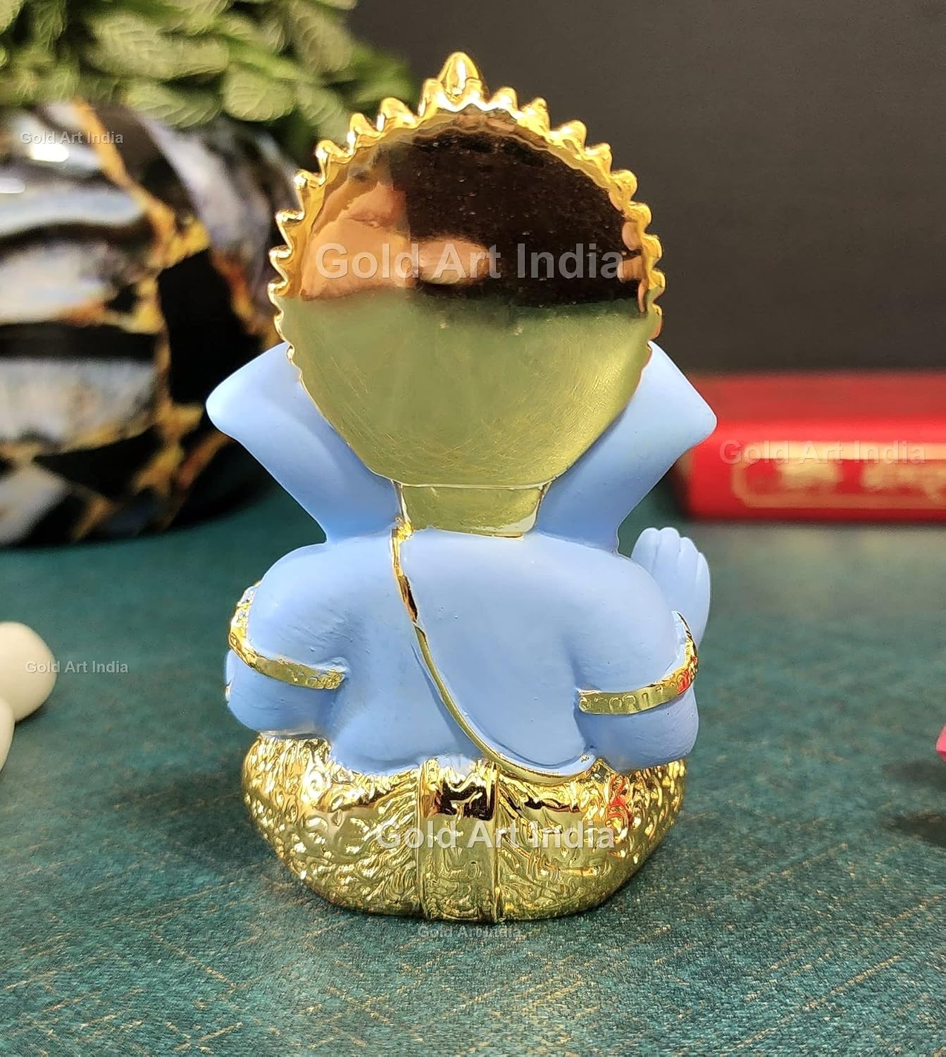 Gold Art India Gold Plated Ganesha with Terracotta Colour - Perfect for Car Dashboards, Office & Home Shelves, Diwali Puja, and Gifting (MukutGoldBlue 3.5"), Idol