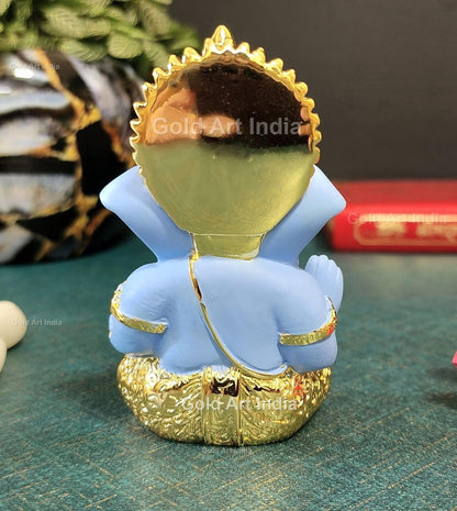 Gold Art India Gold Plated Ganesha with Terracotta Colour - Perfect for Car Dashboards, Office & Home Shelves, Diwali Puja, and Gifting (MukutGoldBlue 3.5"), Idol
