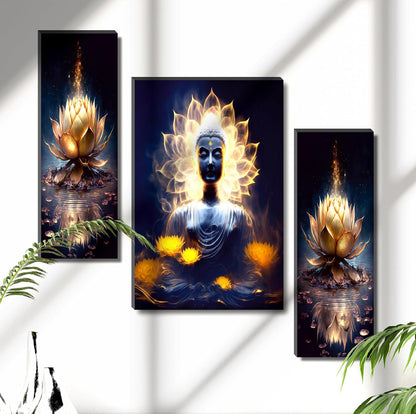 Glowing Buddha with Lotus Wall Art – 3-Panel UV-Printed Enlightenment Triptych | Ready-to-Hang Spiritual Meditation Décor (20 Inch x 12 Inch) JM-35305
