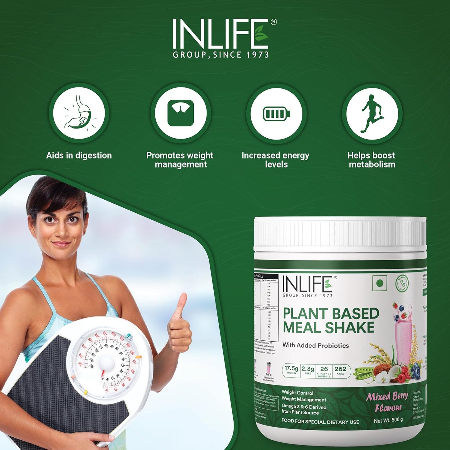INLIFE Plant Based Meal Replacement Shake | Plant Protein Powder (17.5 Protein) No added Sugar, Lactose Free | Added Probiotics, 500g (Mixed Berry)