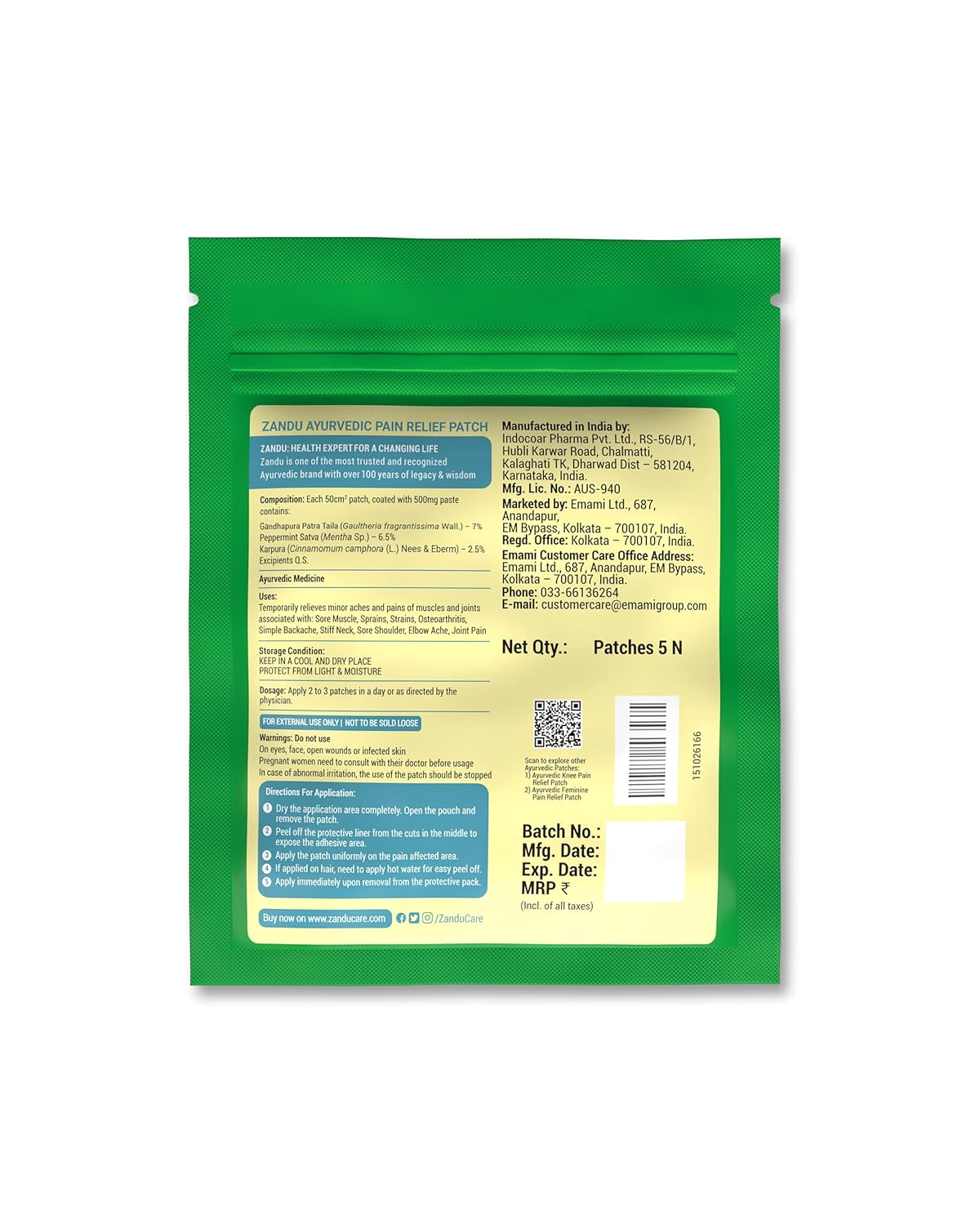 Zandu Ayurvedic Pain Relief Patch (Pack of 5 Patches) - A Specially Designed Pain Patch for Reducing Joint & Muscular Pain | Helps Provides Relief From Pain Associated with Osteoarthritis & Back Pain